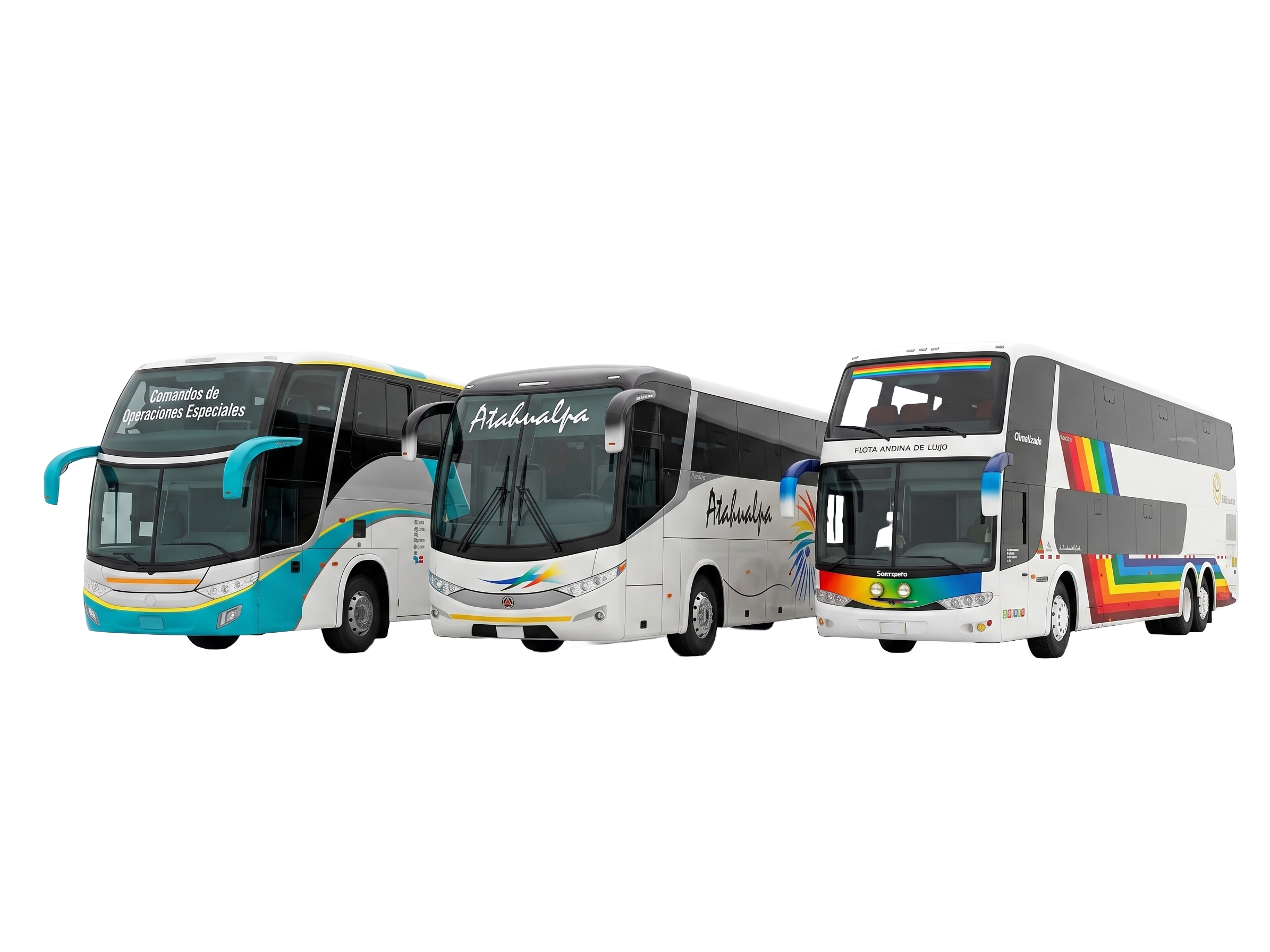 Flota de Turismo Bova: bus celeste, bus blanco y bus de doble piso